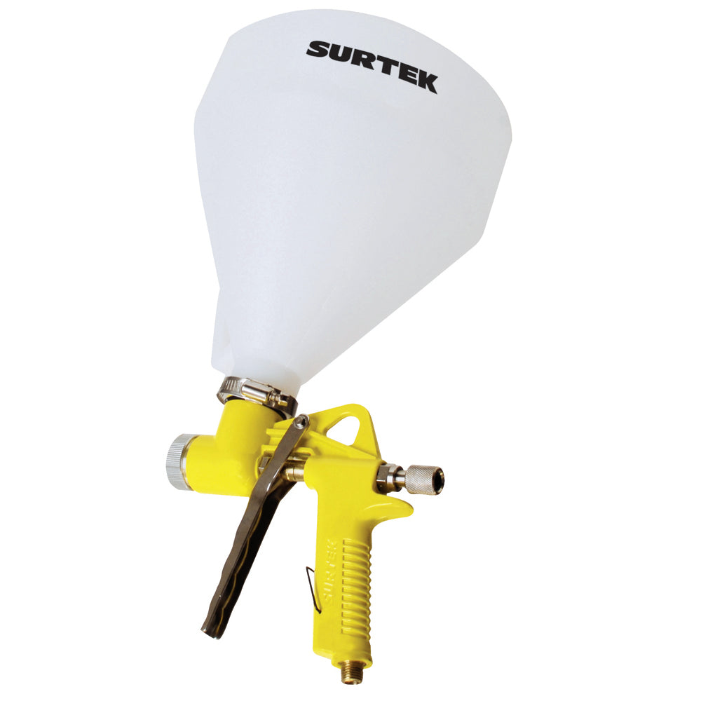 Pistola para texturizados con una presión de trabajo de 57 psi, capacidad de vaso de 4.5 L, entrada de aire de 1/4" NPT. Consumo de aire de 7 scfm, diámetro interno de manguera de 3/8" Surtek