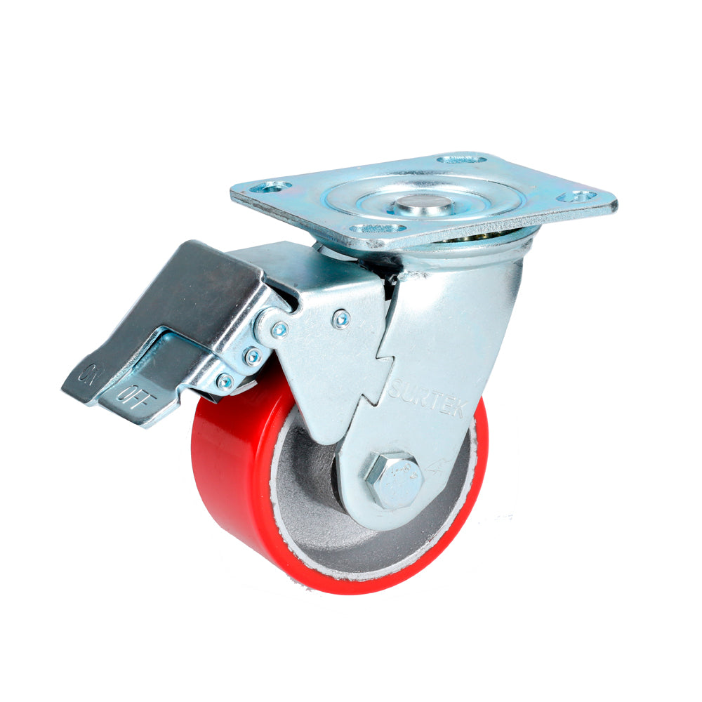Rodaja hierro con poliuretano giratoria con freno 4" Surtek