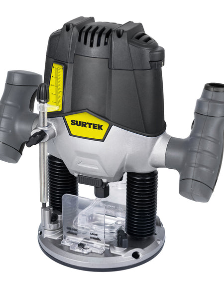 Router para madera con potencia de 1200 W, voltaje de 120 V, frecuencia de 60 Hz, velocidad sin carga de 11000 - 28000 r/min, profundidad de corte de 2-1/16" y diámetro de collet de 1/4" y 1/3" Surtek