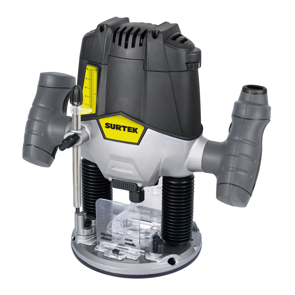 Router para madera con potencia de 1200 W, voltaje de 120 V, frecuencia de 60 Hz, velocidad sin carga de 11000 - 28000 r/min, profundidad de corte de 2-1/16" y diámetro de collet de 1/4" y 1/3" Surtek