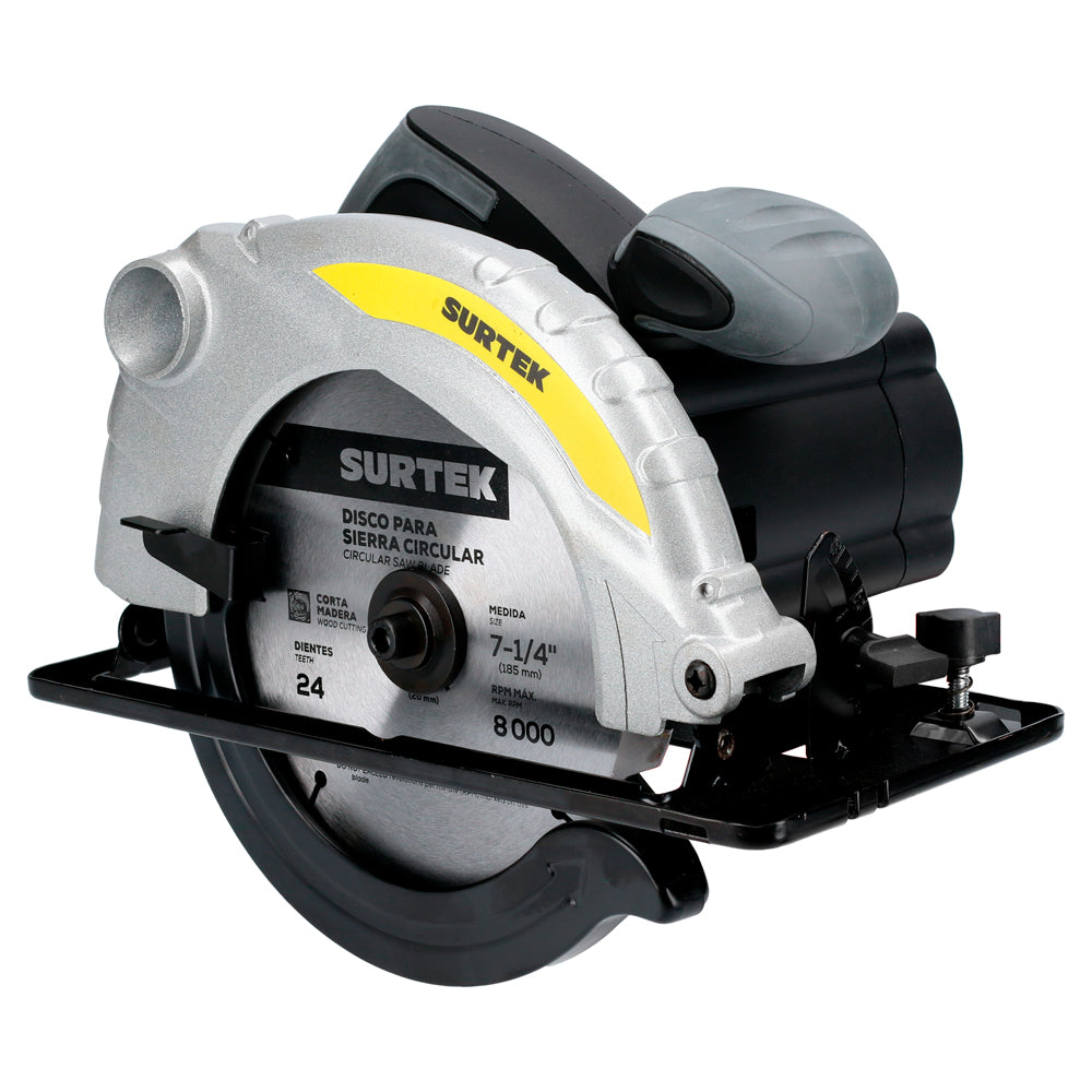 Sierra circular 7-1/4", eje de disco 5/8", potencia de 1200 W, consumo eléctrico de 0.84 kWh, voltaje de 120 V, frecuencia de 60 Hz, velocidad máxima de 4500 rpm. Surtek