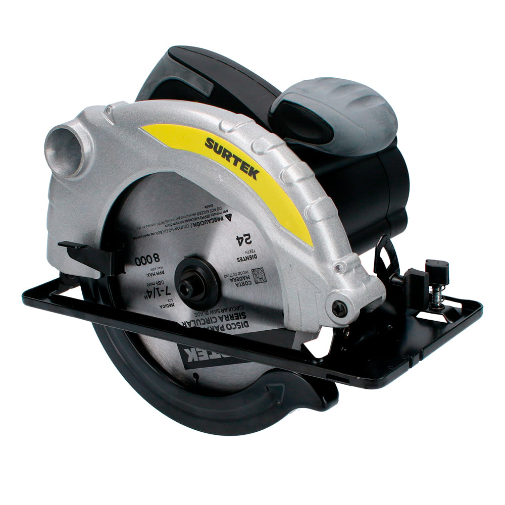 Sierra circular 7-1/4", eje de disco 5/8", potencia de 1500 W, consumo eléctrico de 1.05 kWh, voltaje de 120 V, frecuencia de 60 Hz, velocidad máxima de 4500 rpm. Surtek