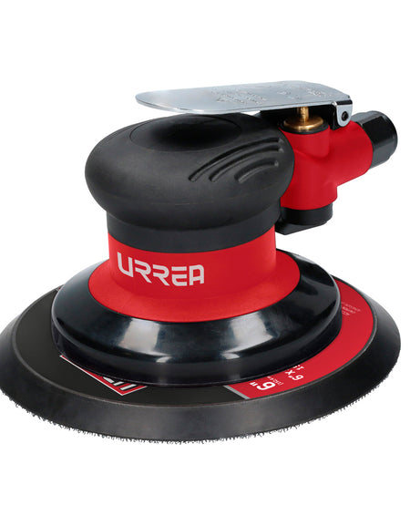 Lijadora roto-orbital neumática, con lija de 6". Velocidad sin carga de 12 000 rpm,  diámetro de órbita de 3/16", presión de trabajo de 90 psi, consumo de aire de 6 CFM, conexión de entrada de aire de 1/4" NPT, tipo de ajuste de lija hook & loop.  Urrea